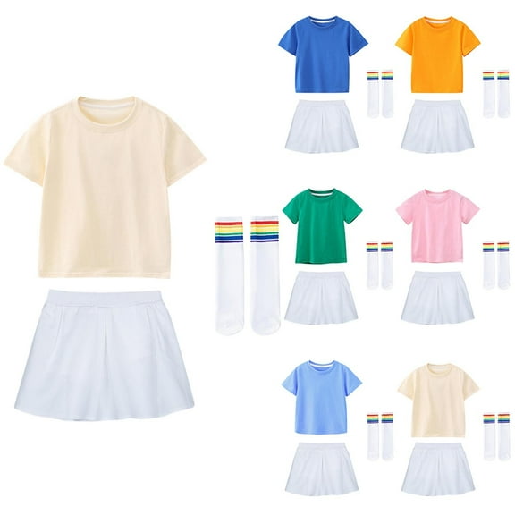 NAISIBABY Girls Uniform Sets 10-12 T, T-Shirts   Skirts   Socks 3-Piece School Cheerleading Performance Outfits Beige(1-12T)