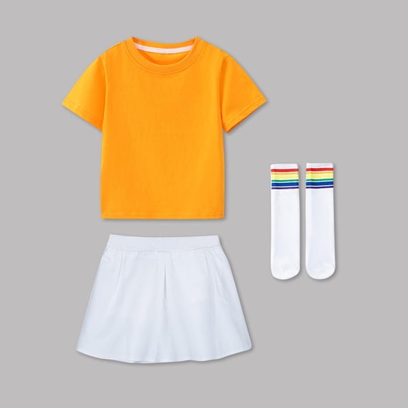 NAISIBABY Girls Uniform Sets, T-Shirts + Skirts + Socks 3-Piece School Cheerleading Performance Outfits Orange 10T