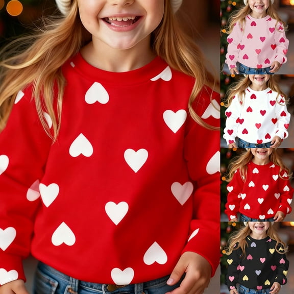 NAISIBABY Girls Valentine's Day Sweatshirt (1-13T), Heart Graphic Fleece Lined Long Sleeve Warm Pullover Fashion Tops Red 6T