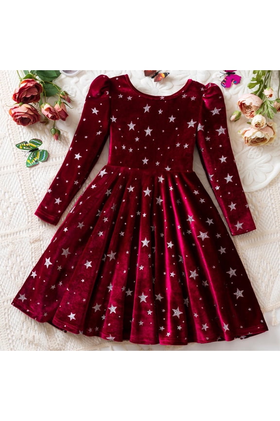 Girls Velour Dresses, Christmas Party Shiny Pleated Long Sleeve Fall Winter Princess Dresses Wine 3T