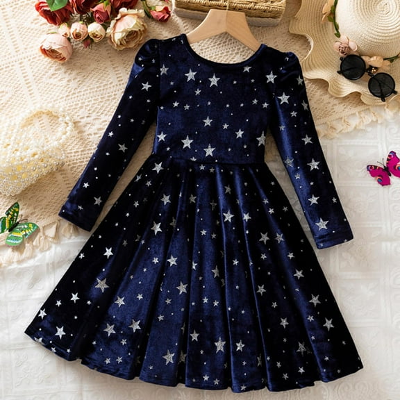 NAISIBABY Girls Velour Dresses, Long Sleeve Shiny Pleated Christmas Party Fall Winter Princess Dresses Navy 6T