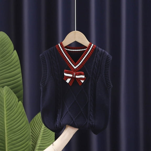 NAISIBABY Girls Vest Sweater, Solid Color Bow V Neck Sleeveless Pullover Soft Knitted Sweater Navy 2-3T