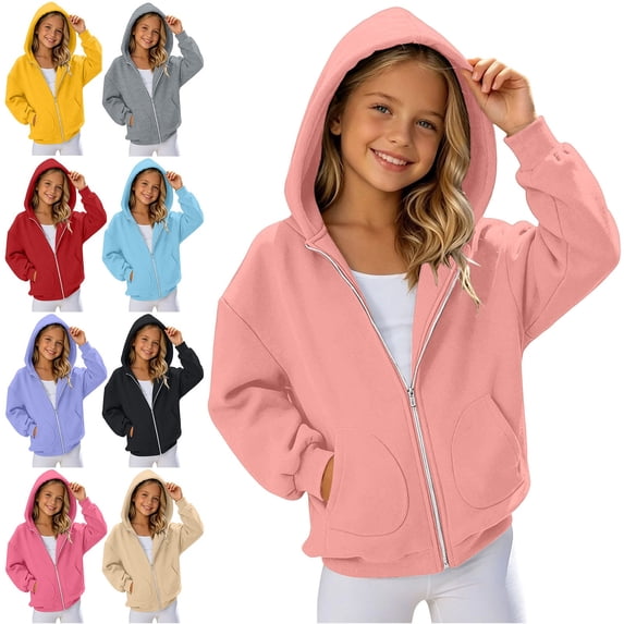NAISIBABY Girls Warm Hoodies Size 8-10,Solid Hooded Pullover Long-Sleeve Zip-Front Sweatshirt with Front Pockets Pink