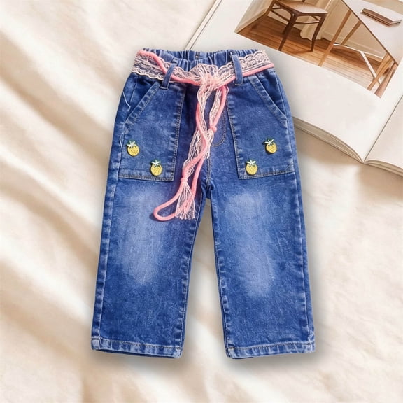 NAISIBABY Girls Wide Leg Jeans, Cute Baggy with Lace Belt High Waist Kids Fashion Denim Pants Blue Size 7T