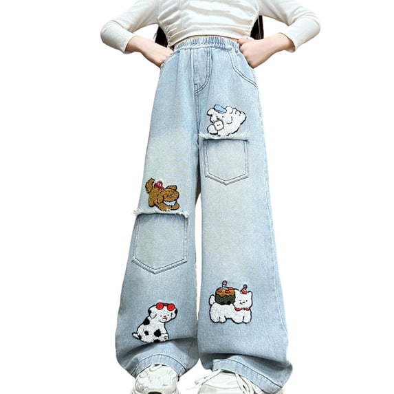 NAISIBABY Girls Wide Leg Jeans, with Pockets Elastic Waist Cute Trendy Graphic 2026 Fashion Denim Pants Light Blue Size 12