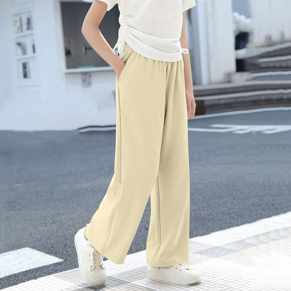 NAISIBABY Girls Wide Leg Pants, with Pockets Solid Color Elastic Waist Loose Causal Pants Beige 5T