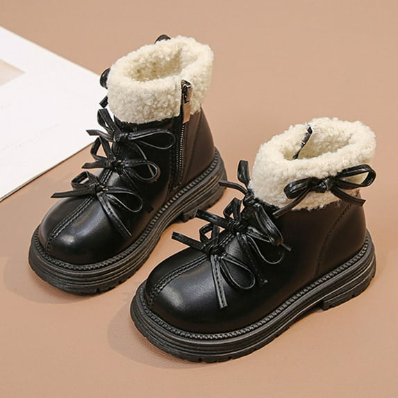NAISIBABY Girls Winter Boots, Thicken Sole Fleece Lined Side Zipper Warm Mid Calf Princess Boots Black 11(Little Kids)