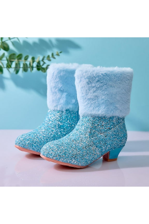 Girls Winter Boots, Zipper High Heeled Sequined Fluffy Fashion Mid-Cut Princess Shoes Blue