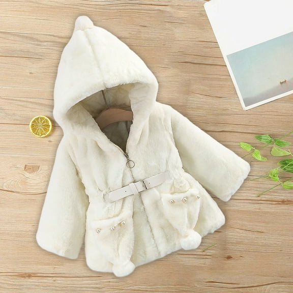 NAISIBABY Girls Winter Coat, Belt Elastic Waist Puffy Cozy Thicken Kids Mid-Length Hooded Jacket White 2-3T