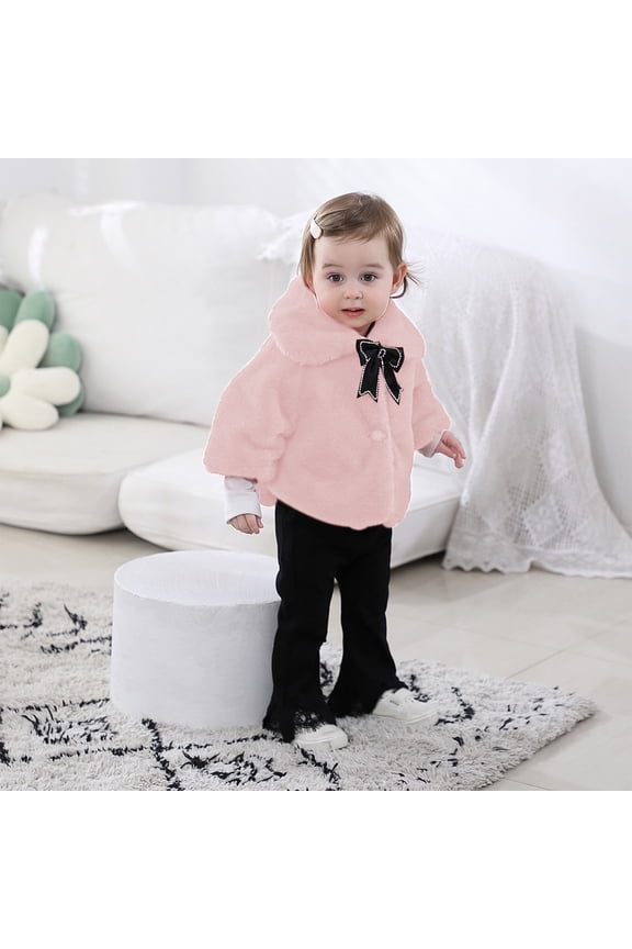 Girls Winter Coat, Bow Lapel Keep Warm Puffy Cozy Kids Flare Outwear Jacket Pink 1-2T