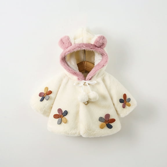NAISIBABY Girls Winter Coat, Cute Flower Hooded Fuzzy Cozy Solid Color Soft Warm Outwear White 18-24Months