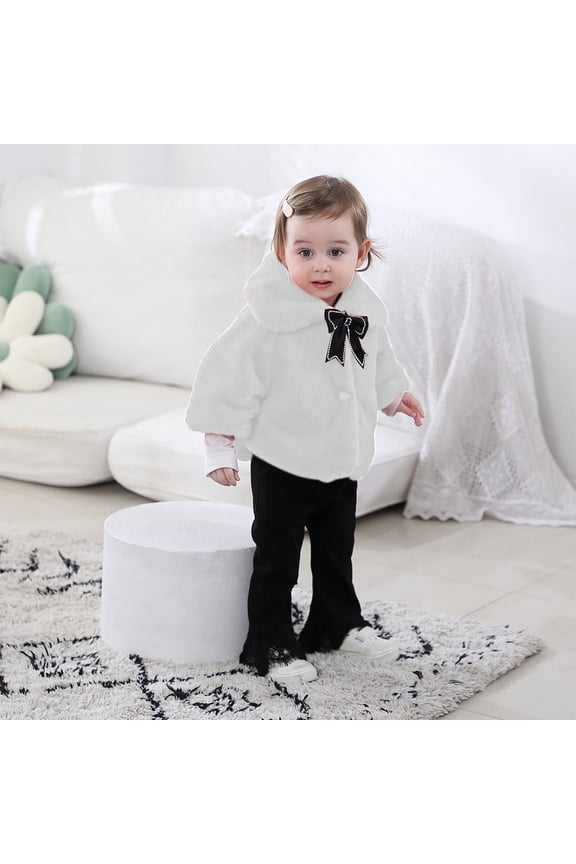 Girls Winter Coat, Puffy Cozy Keep Warm Bow Lapel Kids Flare Outwear Jacket White 1-2T