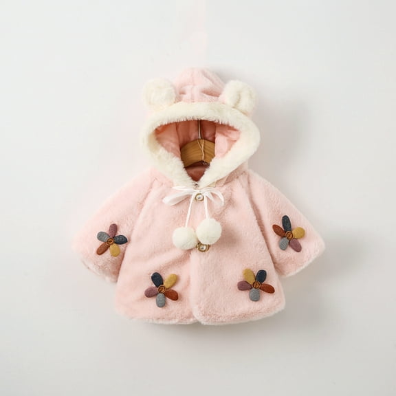 NAISIBABY Girls Winter Coat, Solid Color Cute Flower Hooded Fuzzy Cozy Soft Warm Outwear Pink 6-9Months