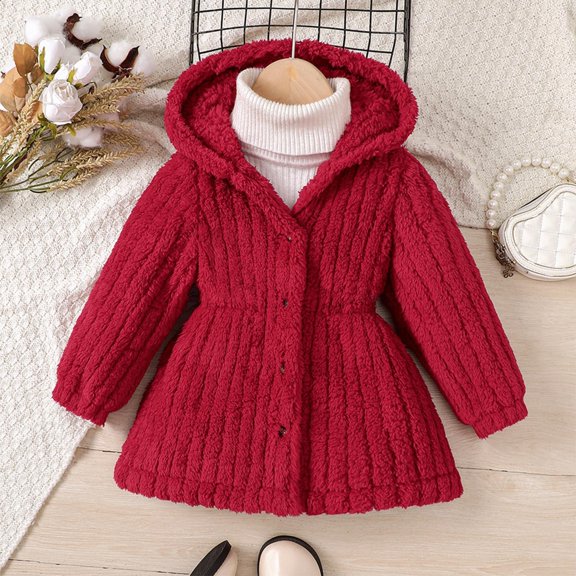 NAISIBABY Girls Winter Coat, Solid Color Long Sleeve Plush Comfy Hooded Mid-Long Outwear Jacket Red 4-5T