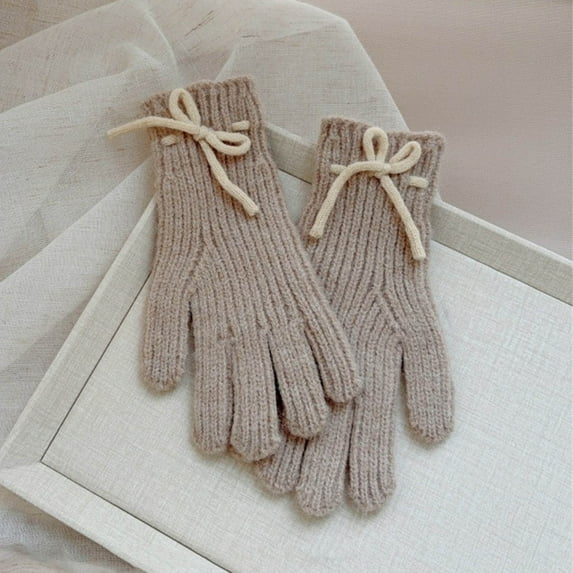NAISIBABY Girls Winter Gloves, Cute Bowknot Full Finger Thicken Warm Kids Outdoor Knit Gloves Khaki