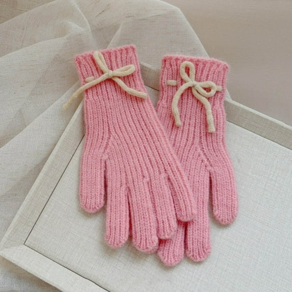 NAISIBABY Girls Winter Gloves, Full Finger Thicken Warm Cute Bowknot Kids Outdoor Knit Gloves Pink