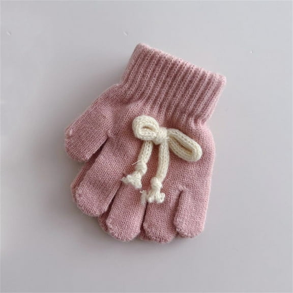 NAISIBABY Girls Winter Gloves, Full Finger Thicken Warm Cute Bowknot Stretch Knit Outdoor Gloves Pink