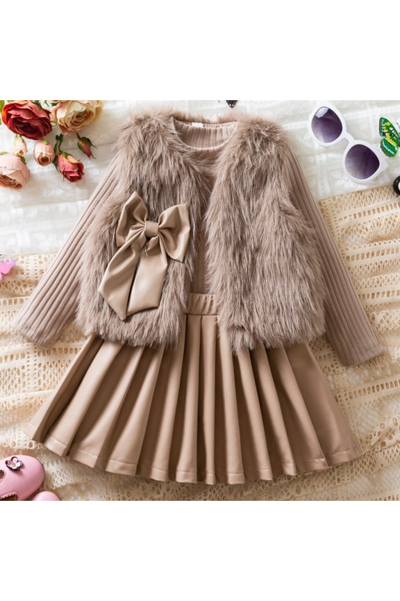 Girls Winter Set 2-Piece, Long Sleeve Tops with Faux Fur Vest Coat and PU Pleated Skirt Fashion Dress Outfit Khaki 4T