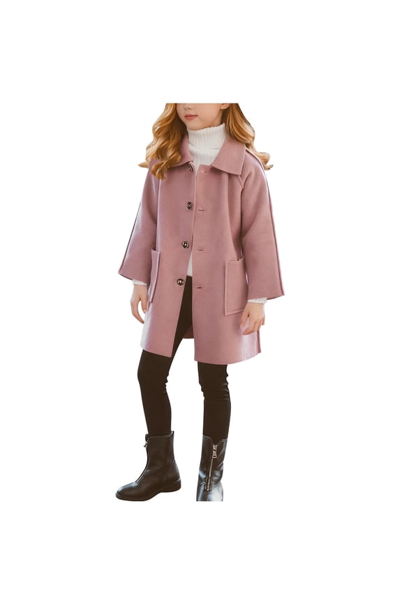 Girls Woolen Coat (4-14T), Long Sleeve Button Up Classic Lapel Fall Winter Fashion Windbreaker Jacket Pink 10T