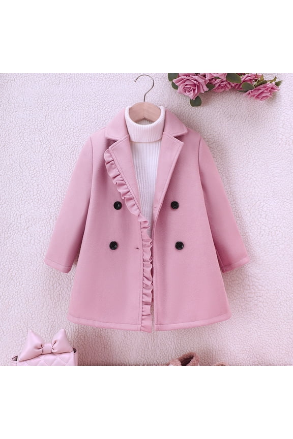 Girls Woolen Jacket, Trench Coat Ruffles Lapel Double Breasted Winter Fashion Dress Mid-Length Peacoat Pink 5T
