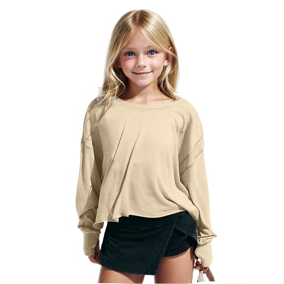 NAISIBABY Girls Workout Tops, Running Yoga Backless Breathable Shirts Long Sleeve Loose Sports T-Shirts Khaki 5-6T