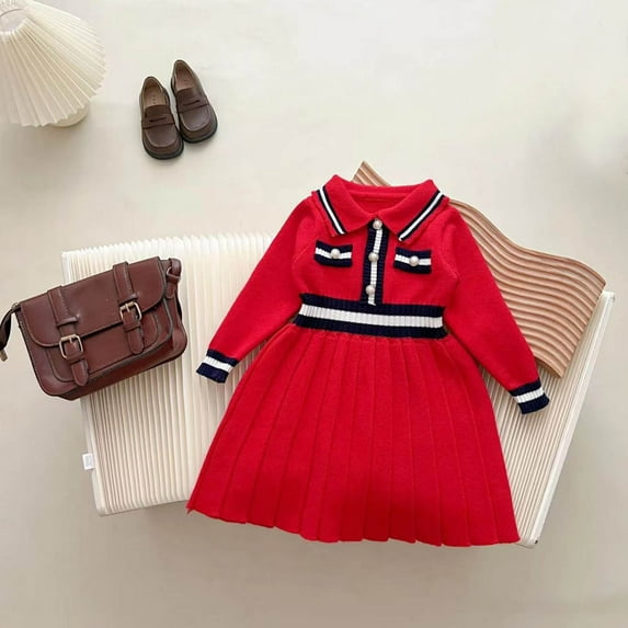 NAISIBABY Grils Sweater Dress, Long Sleeve New Knitted Lapel Causal Color Block Dress Red 7-8T