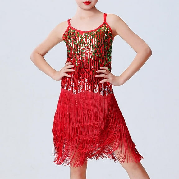NAISIBABY Jazz Latin Dress for Girls, Tassels Sequined Suspenders Dance Bodysuit Kids Gymnastic Leotards Dress Red 2-3T