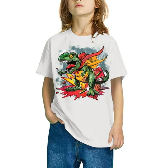 NAISIBABY Kids Boys Dinosaur T-Shirt, Round Neck Casual Short Sleeve Pullover Graphic Tee White 4-5T