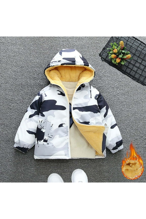 Kids Boys Girls Fleece Jacket, Long Sleeve Zipper Trendy Camouflage Winter Hooded Quilted Coat Black 2-4T