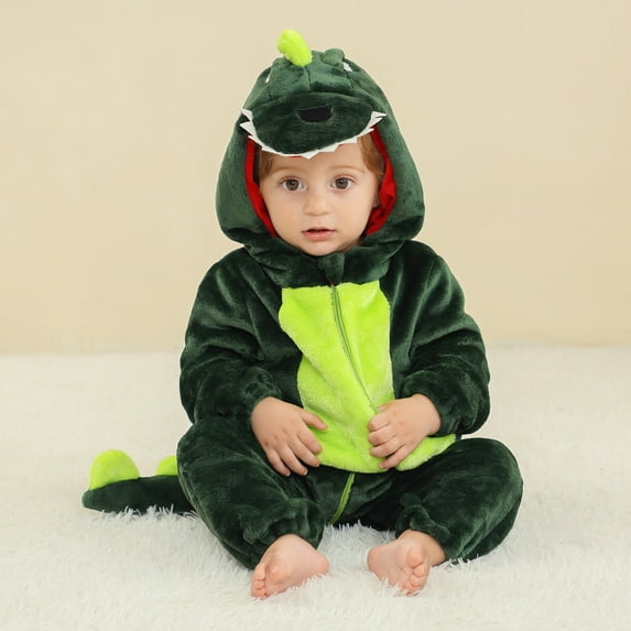 NAISIBABY Kids Boys Girls Rompers, Dinosaur Cosplay Zipper Long Sleeve Onesie Flannel Jumpsuit Army Green 18-24Months