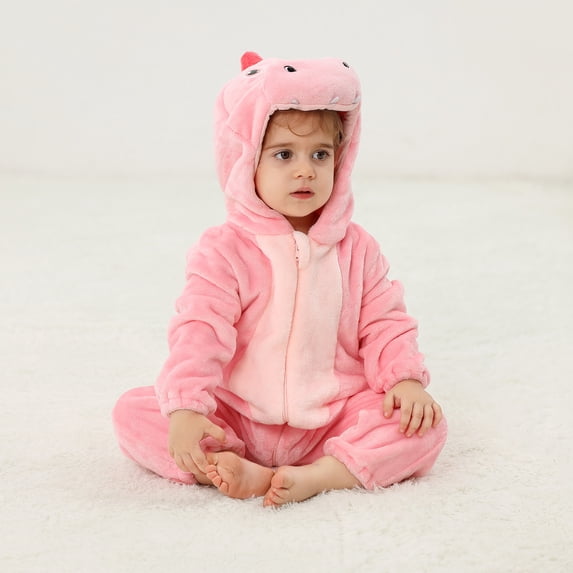 NAISIBABY Kids Boys Girls Rompers, Super Soft Animal Cosplay Cute Hooded Onesie Flannel Jumpsuit Pink 12-18Months