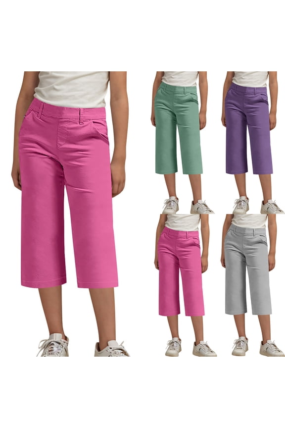 Girls Capris Size 10-12, Solid Color with Pockets Straight Leg Pull On School Uniform Pants Hot Pink