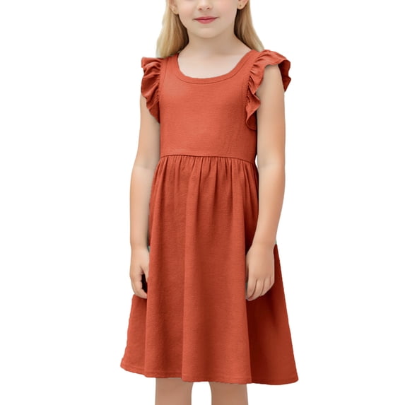 NAISIBABY Kids Girls Casual Dress, Cotton Linen Crewneck Ruffles Sleeveless Summer Flowy Sundress Coffee 4T