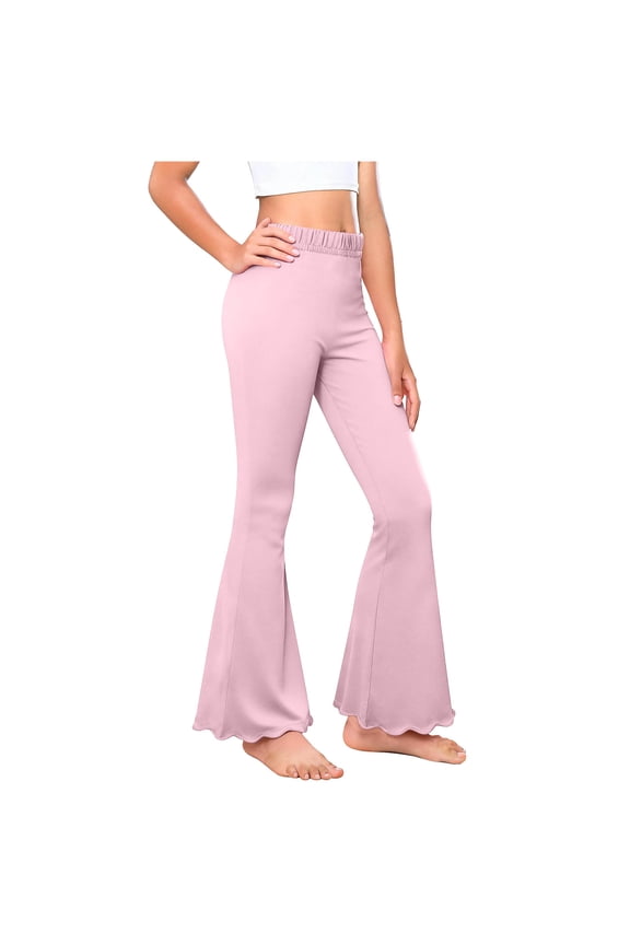Kids Girls Flare Leggings, High Waist Full Length Stretchy Workout Dance Yoga Bell Bottoms Pants Pink 13T