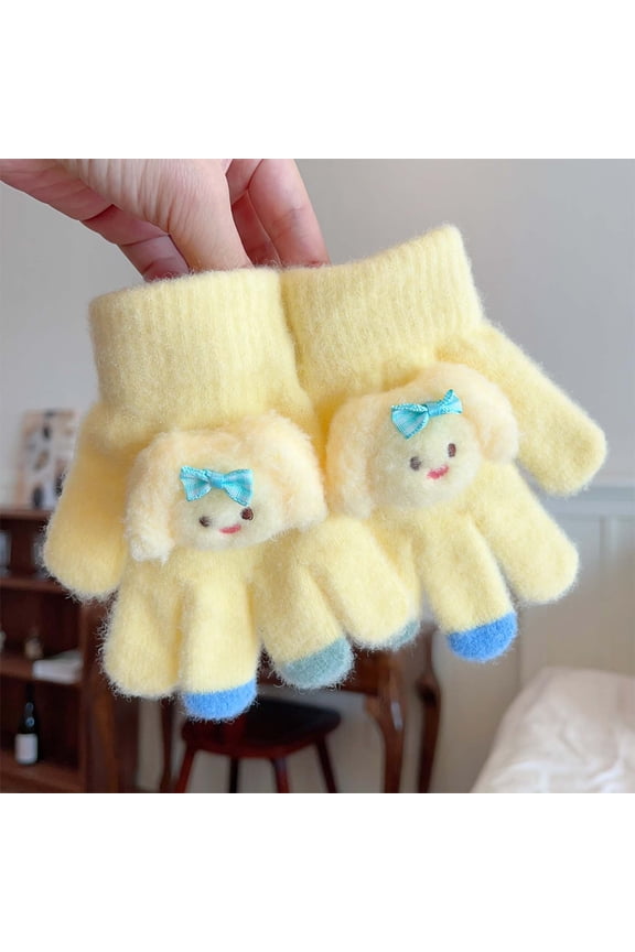 Kids Girls Knitted Gloves, Thermal Stretchy Cute Soft Winter Outdoor Play Snow Mittens Yellow Free Size