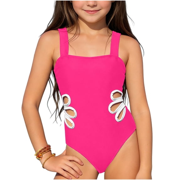 NAISIBABY Kids Girls One-Piece Swimsuit, Floral Hollow Out Quick Dry Stretchy Summer Beach Sports Bathing Suit Hot Pink 12T