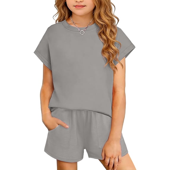 NAISIBABY Kids Girls Outfit Sets, Short Sleeve Tees and Casual Shorts Summer Comfort Fashion Clothes 2-Piece Gray Size 8