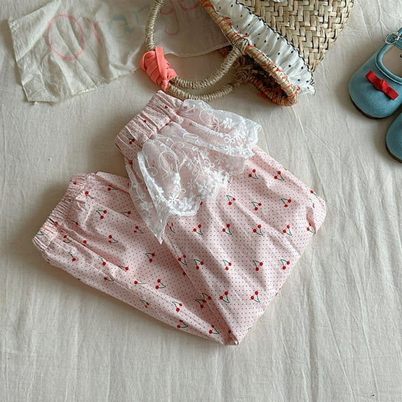 NAISIBABY Girls Pants Size 8, Lightweight Fruit Prints Cute Lace Summer Cotton Causal Pants Pink 8T