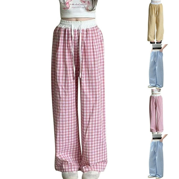 NAISIBABY Girls Pants Size 8 T, Plaid Graphic Drawstring Elastic Waist Wide Leg Casual Loose Cotton Pants Pink