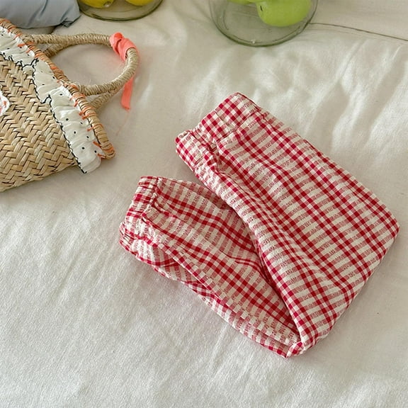 NAISIBABY Girls Pants Size 10, Summer Lightweight Elastic Waist Checked Causal Loose Cotton Thin Pants Red