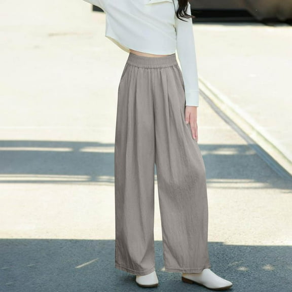 NAISIBABY Kids Girls Pants, Elastic Waist Wide Leg Summer Loose Casual Pleated Pants with Pockets Khaki 3T