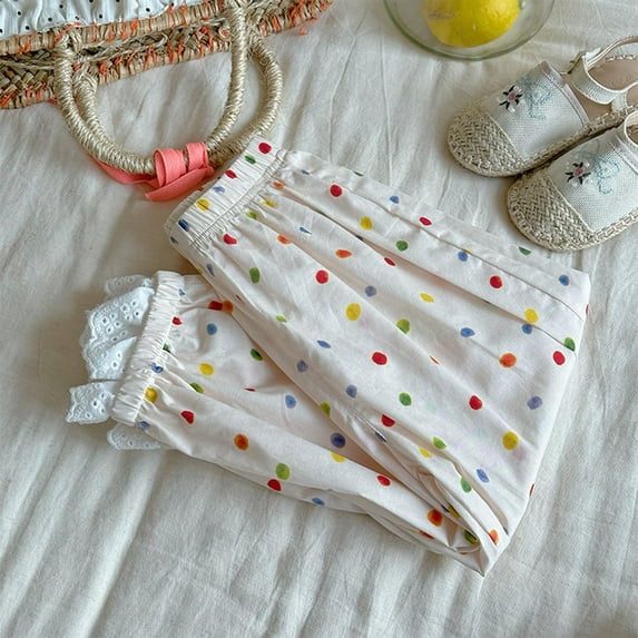 NAISIBABY Girls Pants Size 6, Lightweight Polka Dot Elastic Waist Summer Thin Lace Casual Pants White