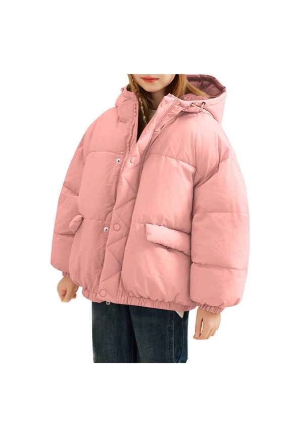 Kids Girls Quilted Jacket 12T, Thicken Warm Padded Jacket Zip Up Drawstring Hooded Winter Fashion Puffer Outwear Pink
