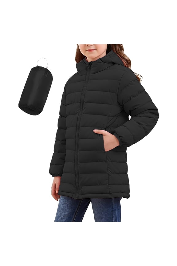 Kids Girls Quilted Jacket, Zip Up Solid Mid Length Lightweight Winter Thicken Coat with Pockets Black 8T