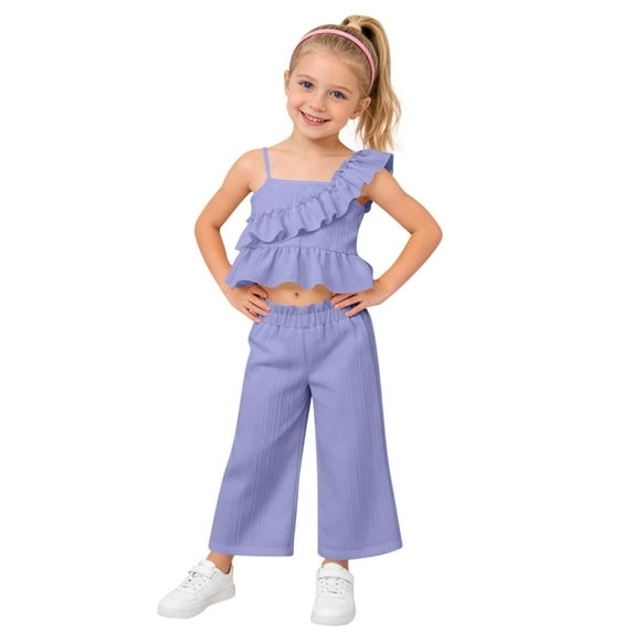 NAISIBABY Kids Girls Sets, Ruffle Cold Shouler Tops and Pleated Waist Pants Summer Fashion Outfit 2-Piece Purple 7T
