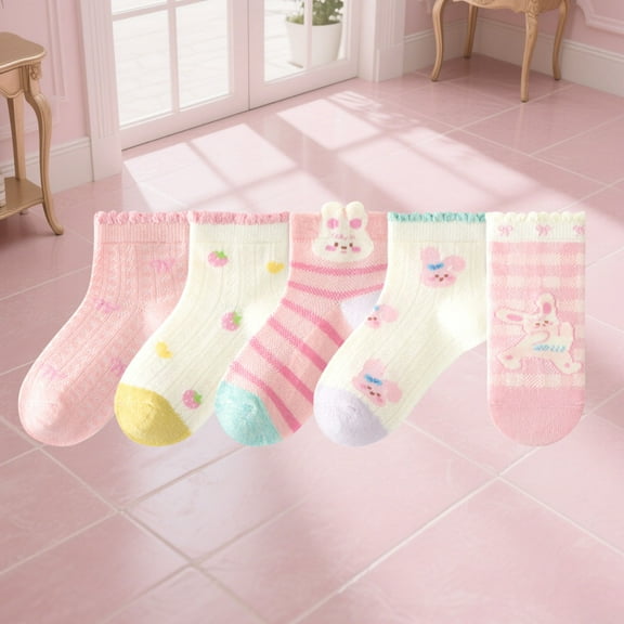 NAISIBABY Kids Girls Socks 5-Pack, Non Slip Cute Stretch Breathable Toddler Cotton Ankle Socks Pink 9T