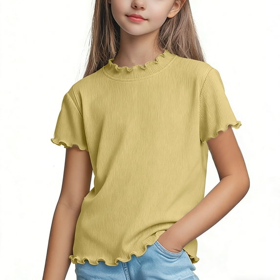 NAISIBABY Kids Girls T-Shirt, Short Sleeve Crew Neck Super-Soft Ruffled Summer Fashion Casual Tees Yellow 2T