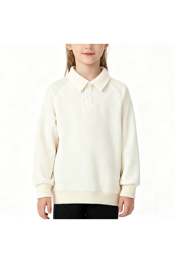 Kids School Uniform Polo Shirt, Collar Button Down Cotton Long Sleeve Boys Girls Fashion Sweatshirt Tops Beige 10T