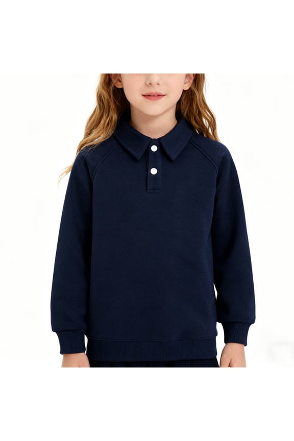 Kids School Uniform Polo Shirt, Long Sleeve Collar Button Down Cotton Boys Girls Fashion Sweatshirt Tops Navy 6T