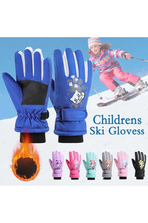 Kids Ski Gloves, Fleece Lined Waterpoof Thermal Winter Outdoor Snow Gloves for Boys Girls Blue Free Size